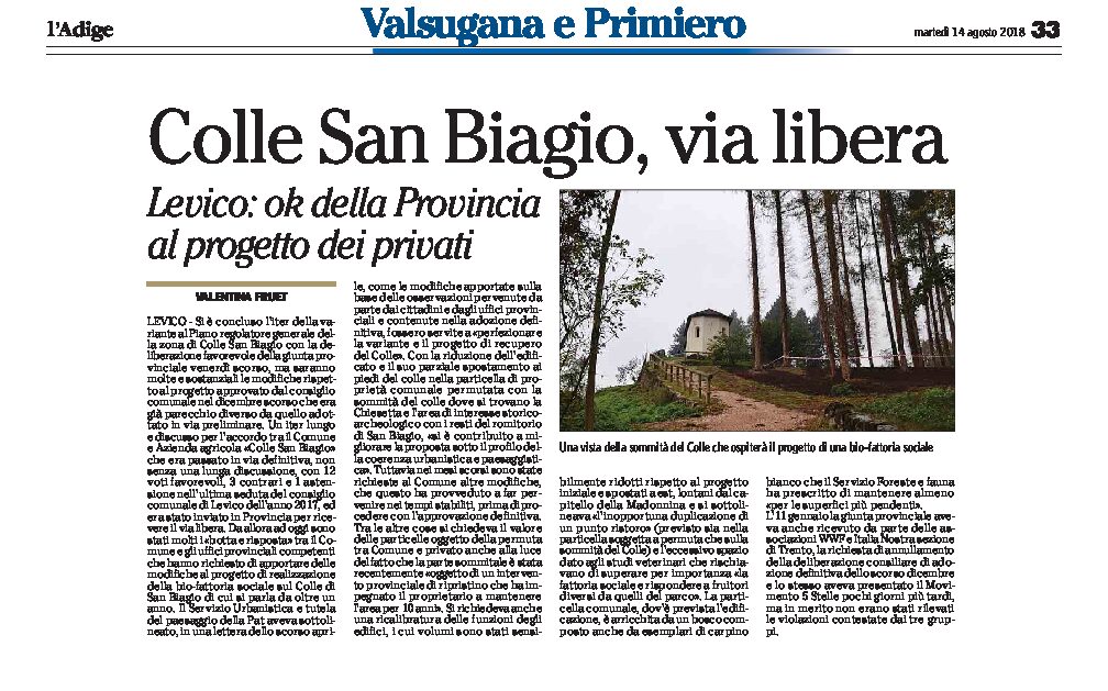 Levico, Colle San Biagio: ok della Provincia al progetto dei privati