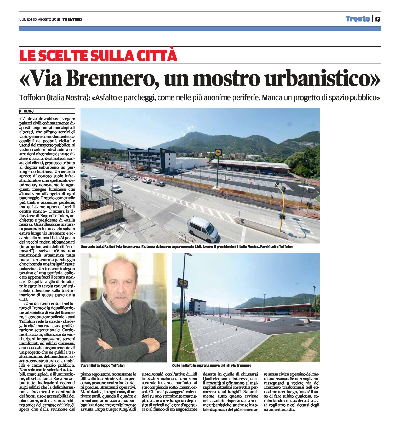 Trento, via Brennero: Italia Nostra “asfalto e parcheggi come nelle più anonime periferie”