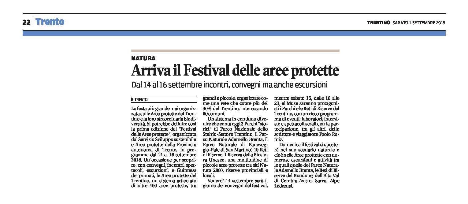 Trento: arriva il Festival delle aree protette dal 14 al 17 settembre