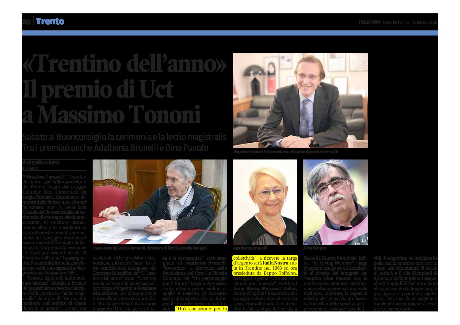UCT, Trentino dell’anno: tra i premiati l’associazione Italia Nostra