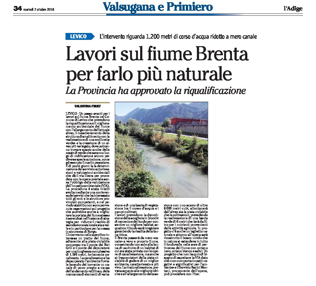 Levico, Brenta: lavori sul fiume per farlo più naturale