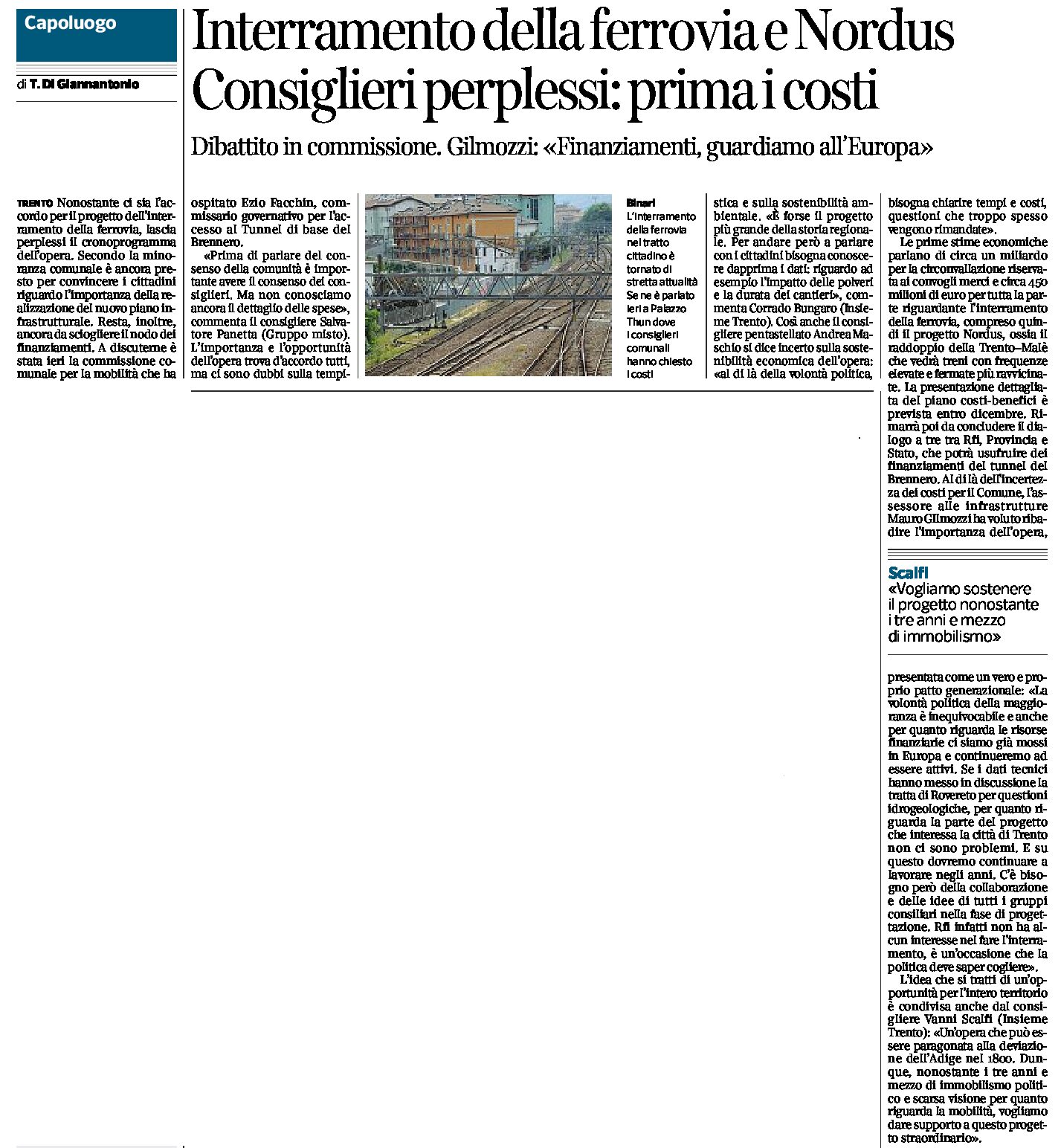 Trento: interramento della ferrovia e Nordus, Consiglieri perplessi, prima i costi