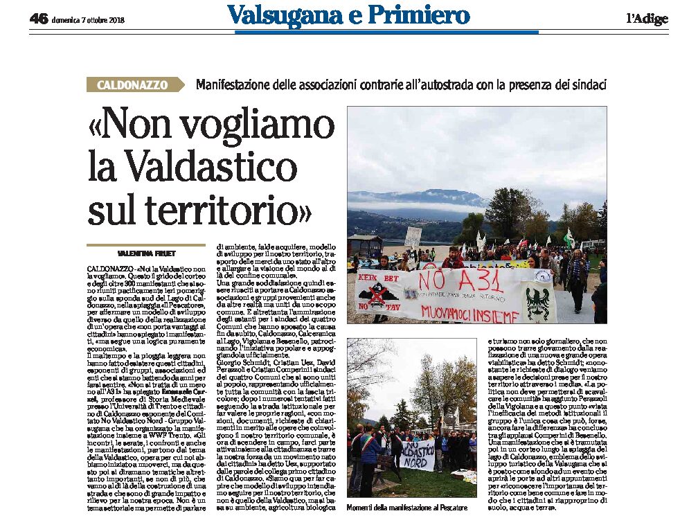 Caldonazzo, Valdastico: non la vogliamo sul territorio