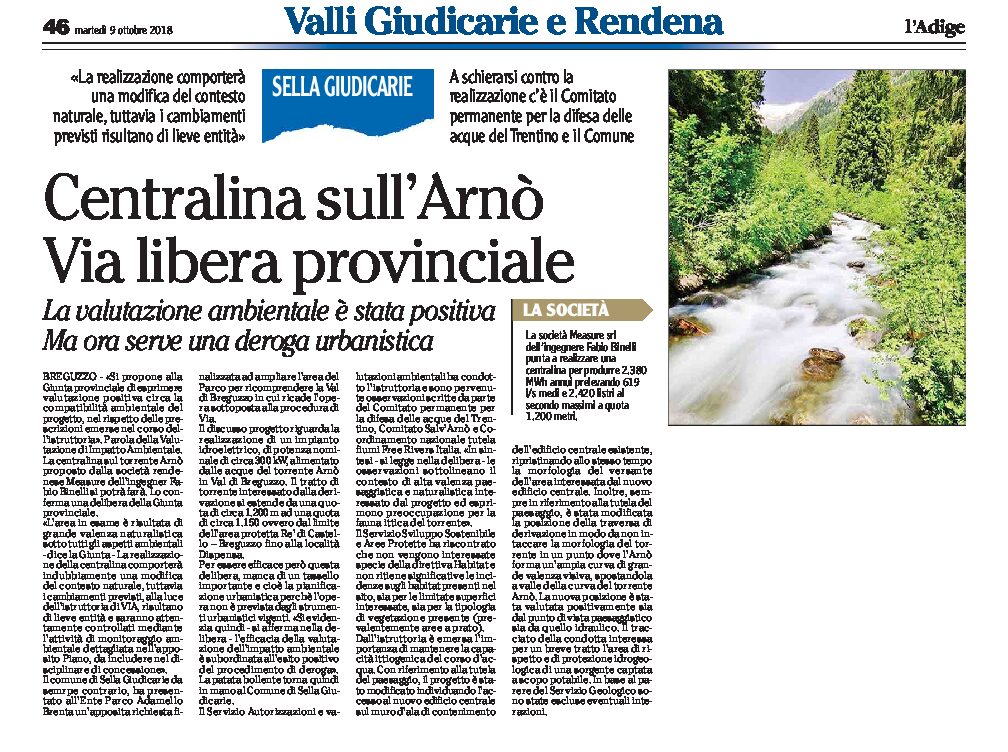 Val di Breguzzo: per la centralina sull’Arnò, via libera provinciale