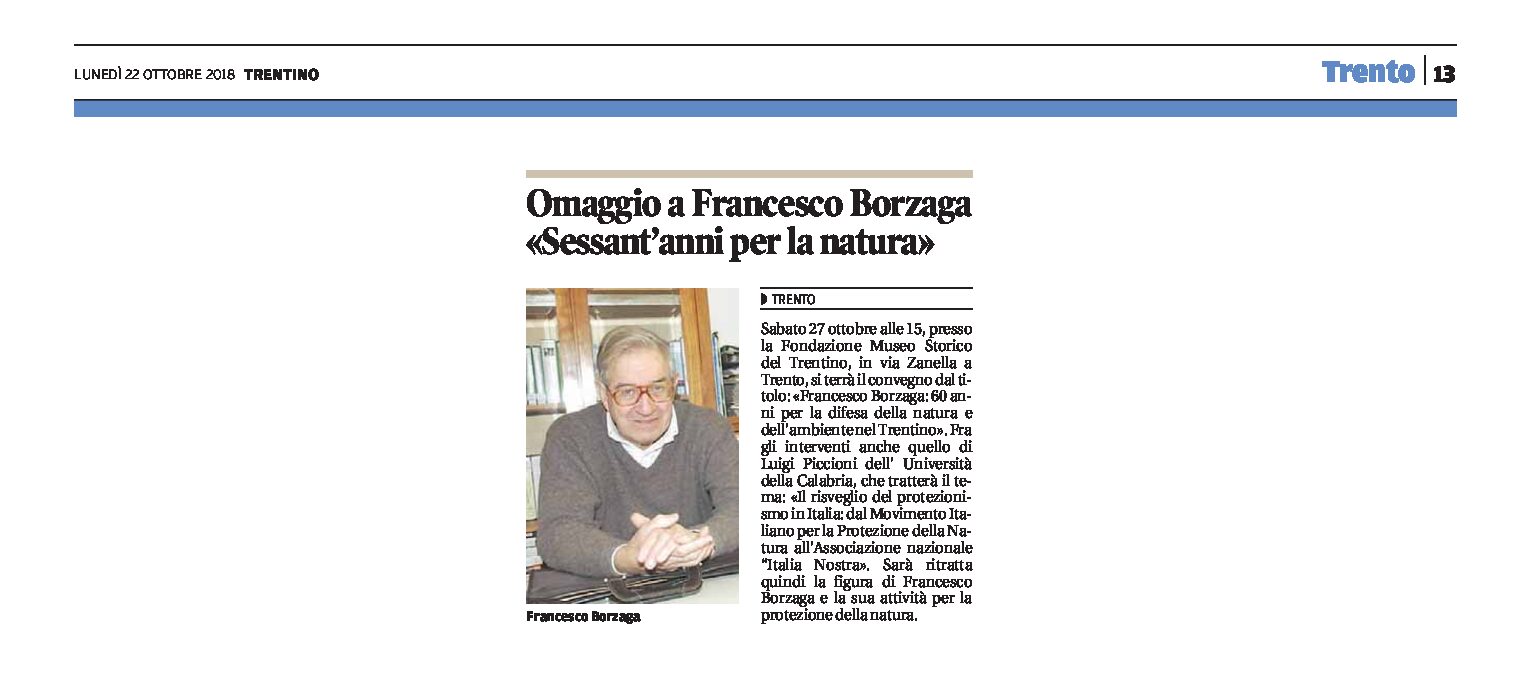 Francesco Borzaga: 60 anni per la difesa della natura e dell’ambiente nel Trentino. Convegno
