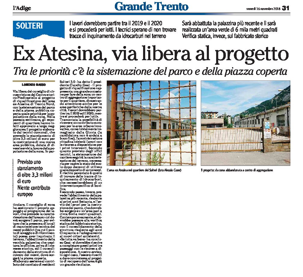 Trento, ex Atesina: via libera al progetto. Tra le priorità la sistemazione del parco e della piazza coperta