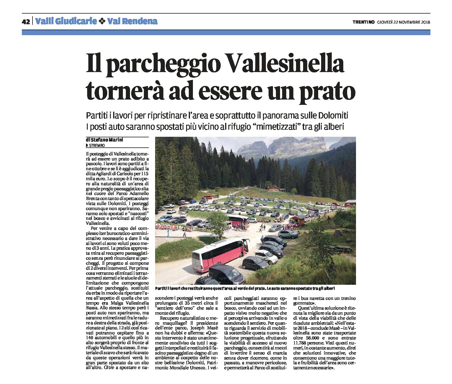 Vallesinella: il parcheggio tornerà a essere un prato