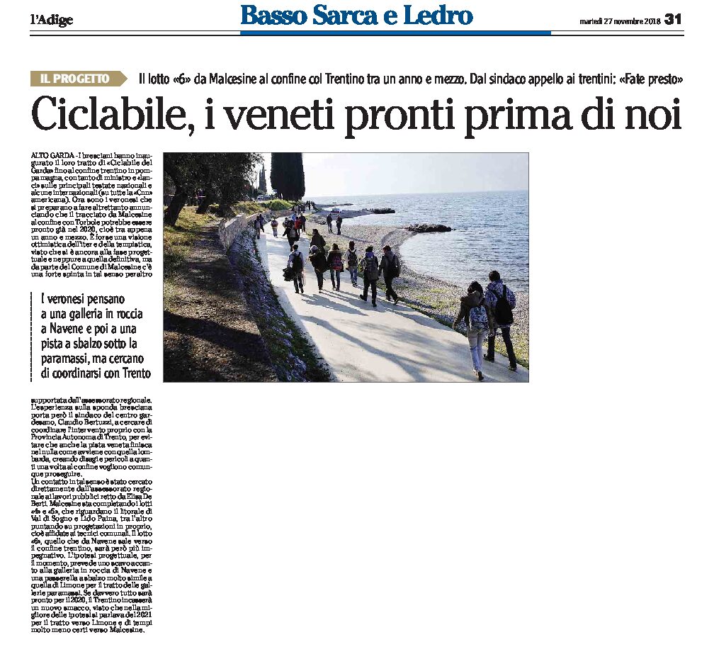 Alto Garda, ciclabile: il tratto veneto da Malcesine al confine col Trentino pronto nel 2020