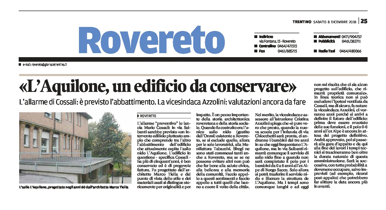 Rovereto, l’Aquilone: allarme di Cossali “un edificio da conservare”