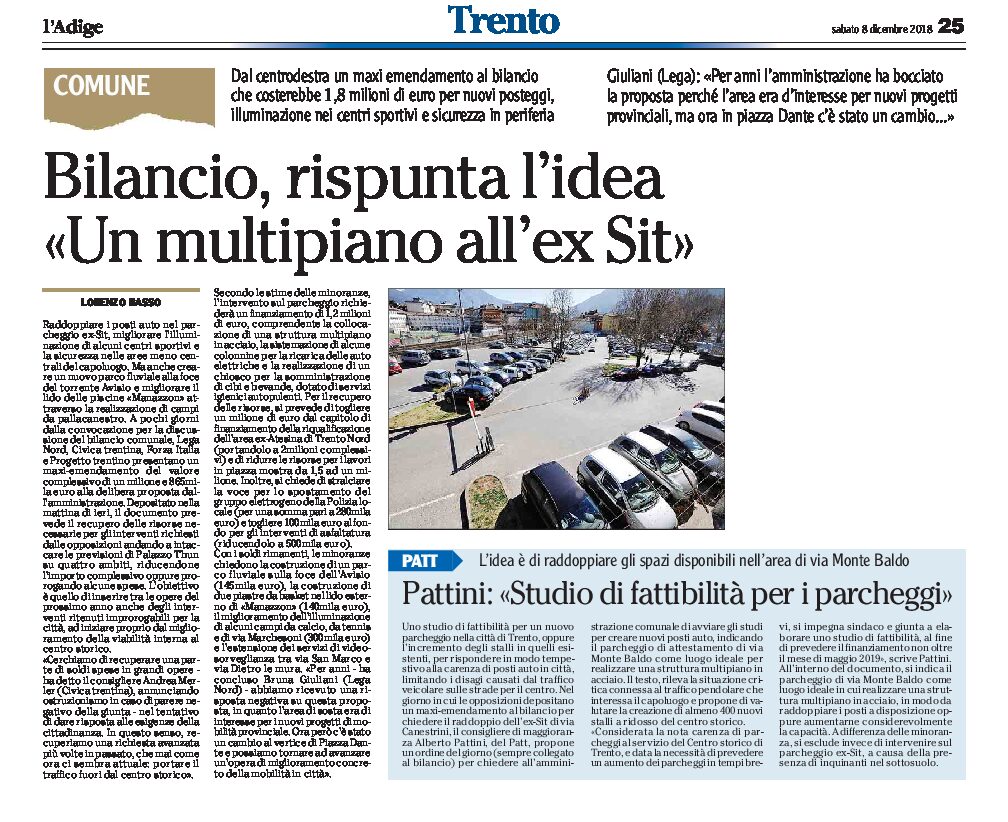 Trento: Bilancio, rispunta l’idea di un parcheggio multipiano all’ex Sit