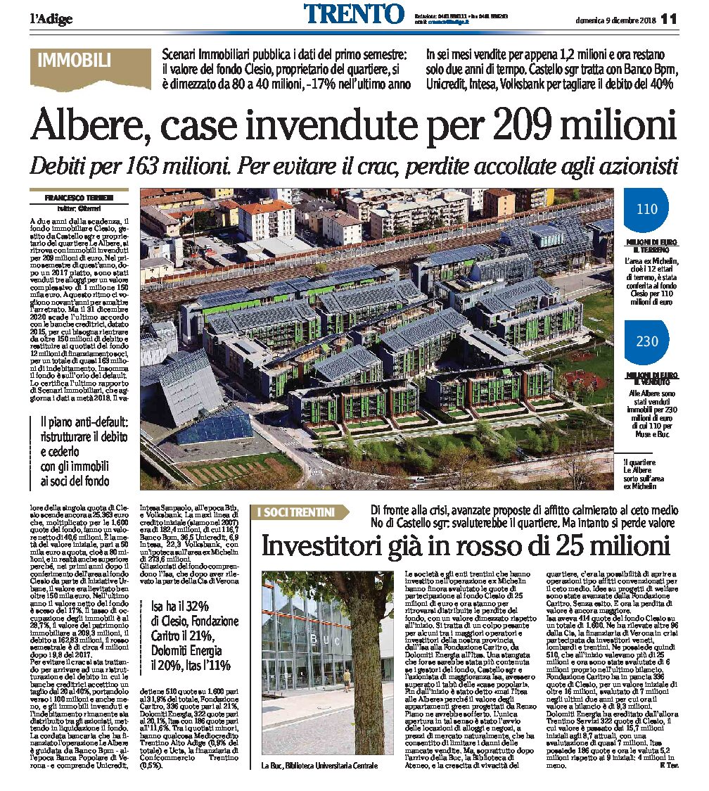 Trento, quartiere Le Albere: case invendute per 209 milioni