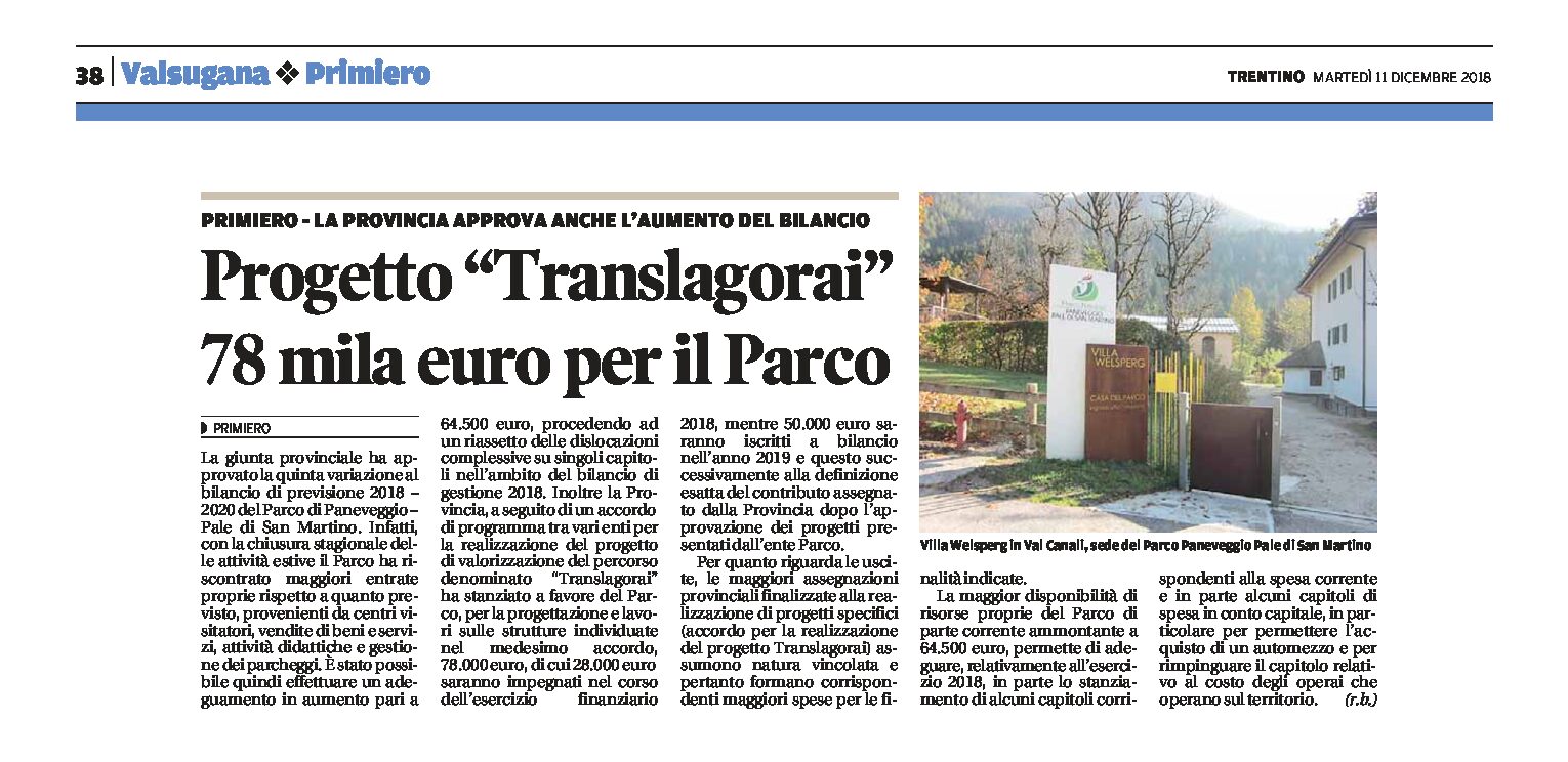 Primiero: con il progetto “Translagorai” 78mila euro per il Parco di Paneveggio