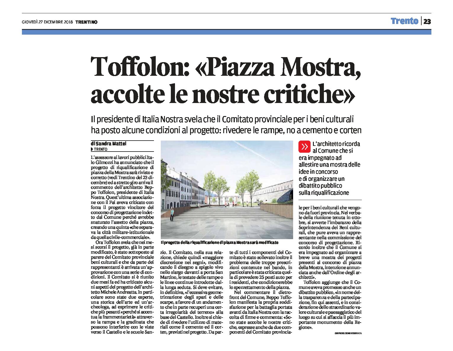 Trento, piazza Mostra: Toffolon “accolte le nostre critiche”