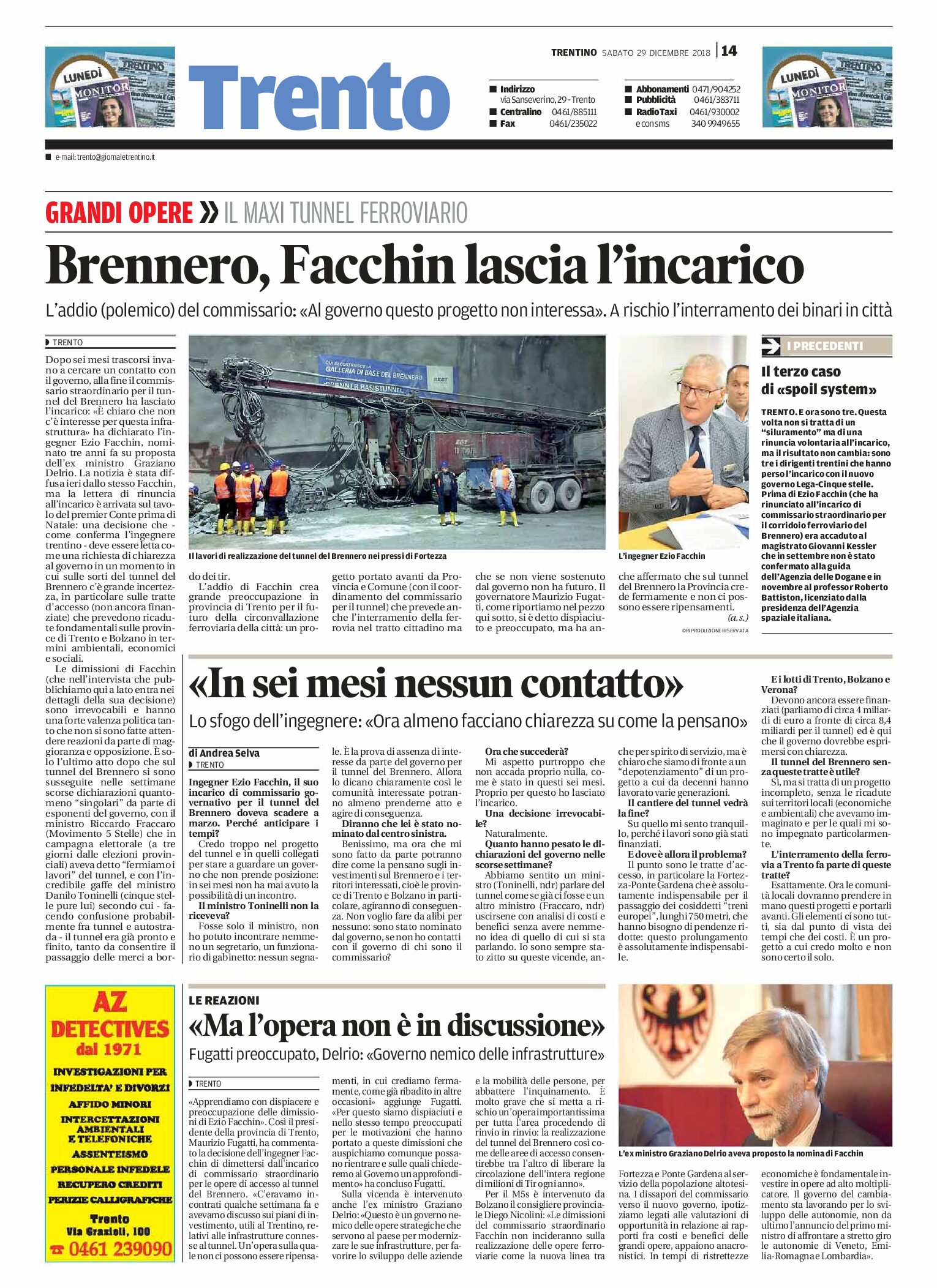 Trento, Brennero: Facchin lascia l’incarico