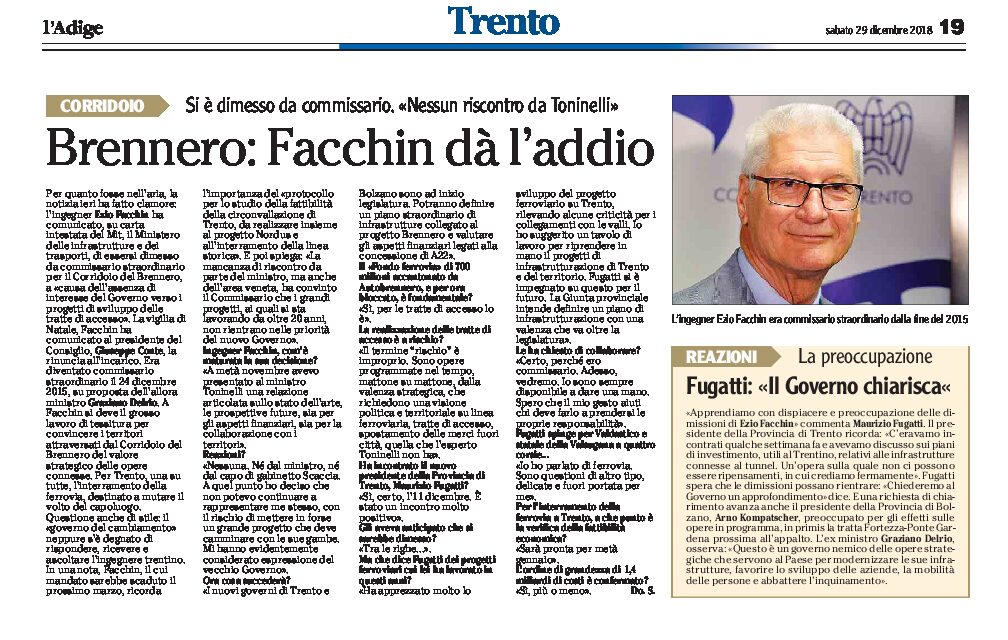 Trento, Brennero: Facchin si è dimesso da commissario straordinario