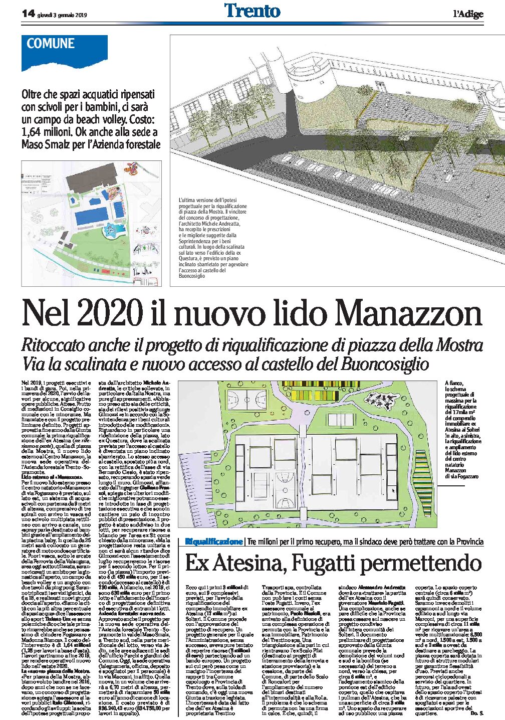 Trento, riqualificazione: piazza Mostra ritoccato il progetto, nuovo lido Manazzon, ex Atesina