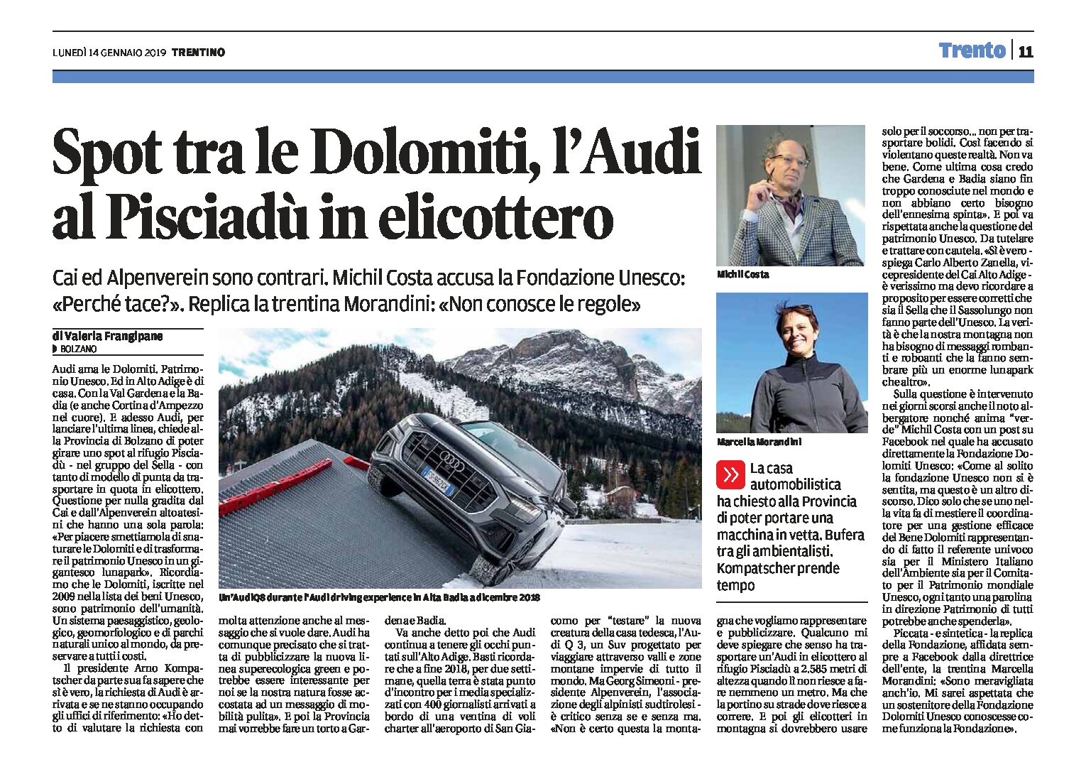 Dolomiti, patrimonio Unesco: uno spot per l’Audi, trasportata al Pisciadù in elicottero