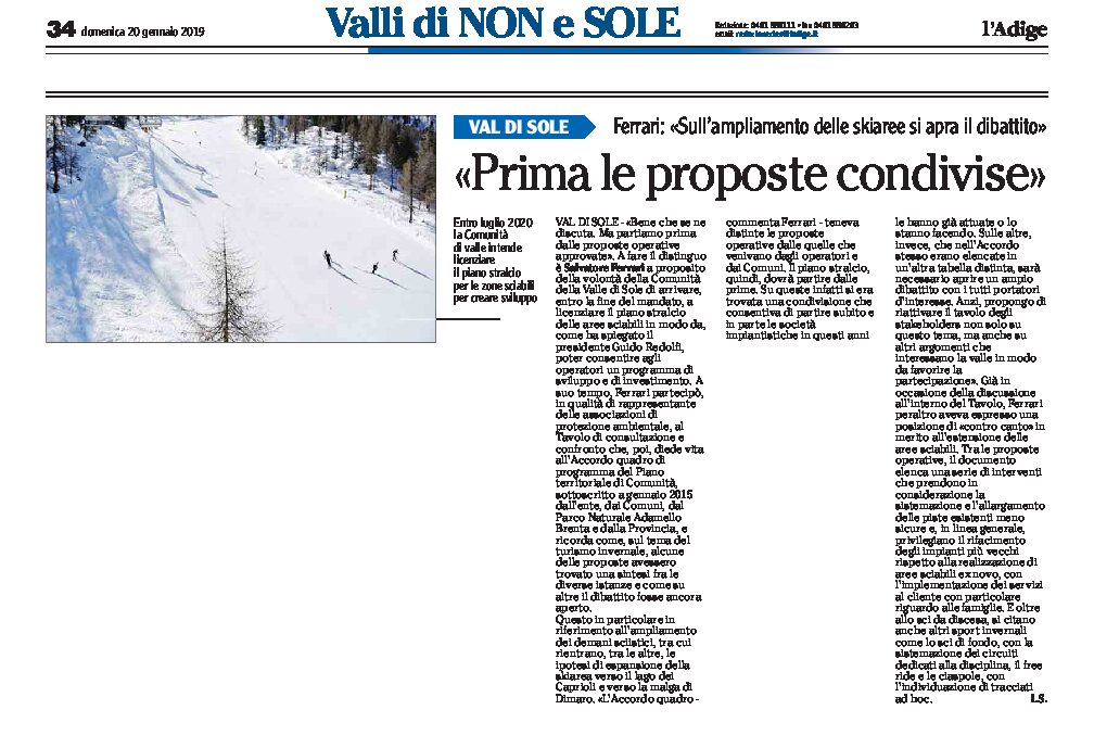 Val di Sole, skiaree: Ferrari “sull’ampliamento si apra il dibattito. Partiamo dalle proposte condivise”