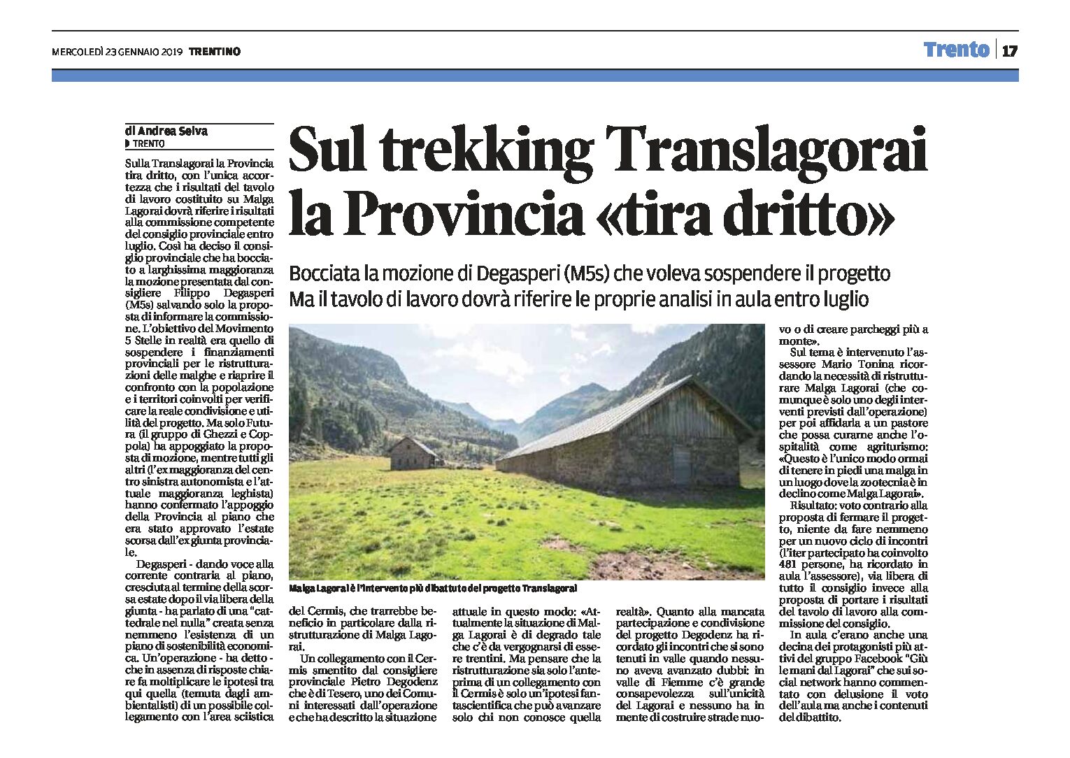 Trekking Translagorai: la Provincia tira dritto