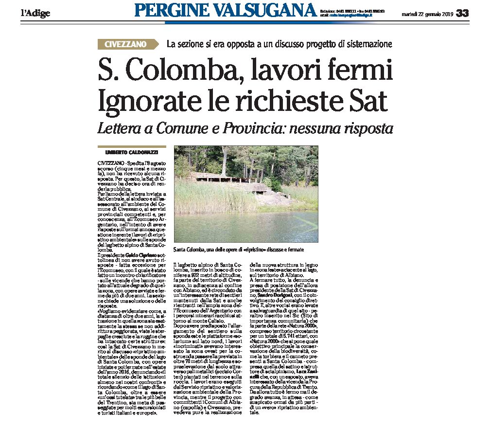 Lago di Santa Colomba: lavori fermi. Ignorate le richieste Sat