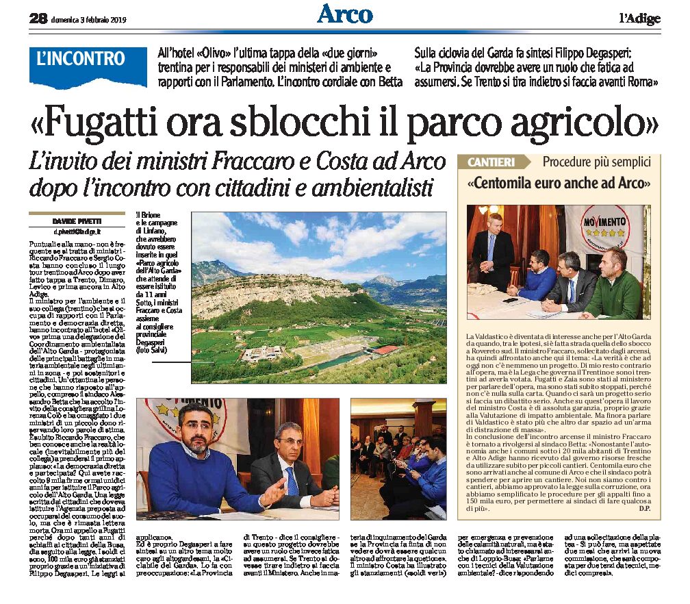 Alto Garda: l’invito dei ministri Fraccaro e Costa “Fugatti ora sblocchi il parco agricolo”