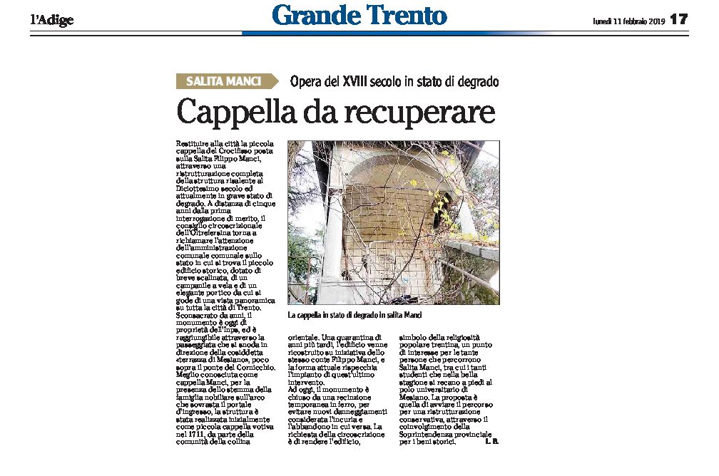 Trento, salita Manci: la cappella del crocifisso del XVIII secolo va ristrutturata