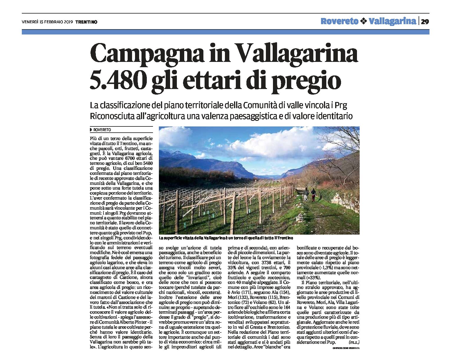 Vallagarina, campagna: 5.480 ettari di pregio. I singoli Prg dovranno tenerne conto