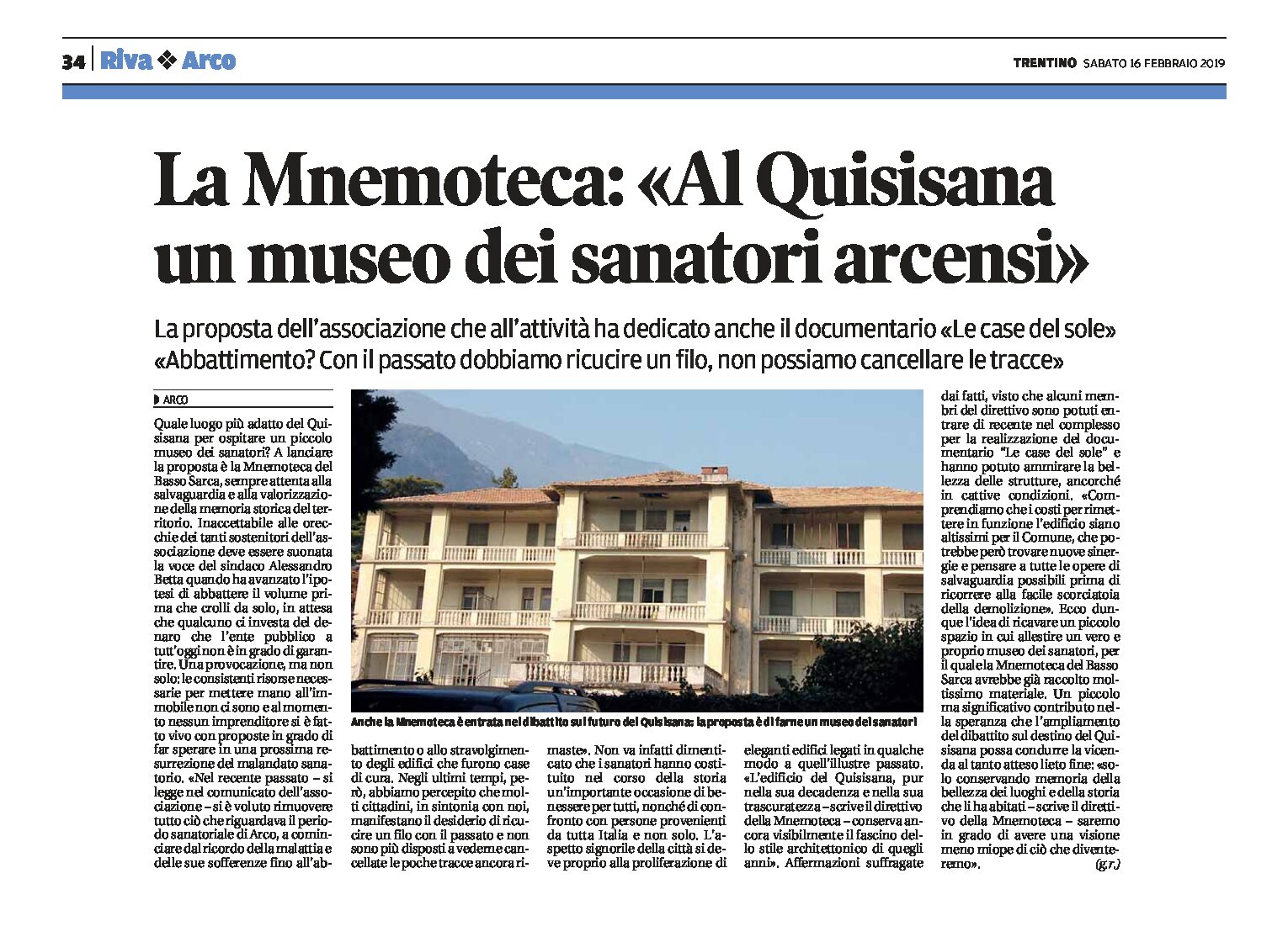Arco, ex Quisisana: la Mnemoteca “un museo dei sanatori arcensi”