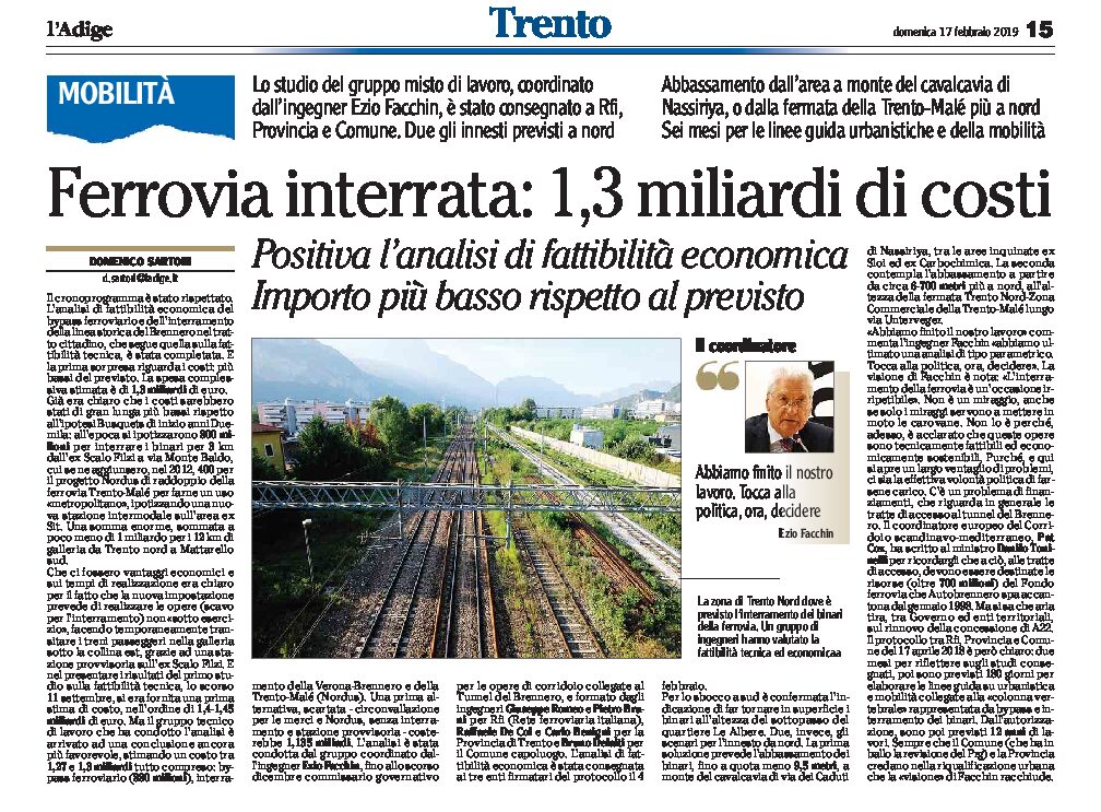 Trento, ferrovia interrata: positiva l’analisi di fattibilità economica. Importo più basso del previsto