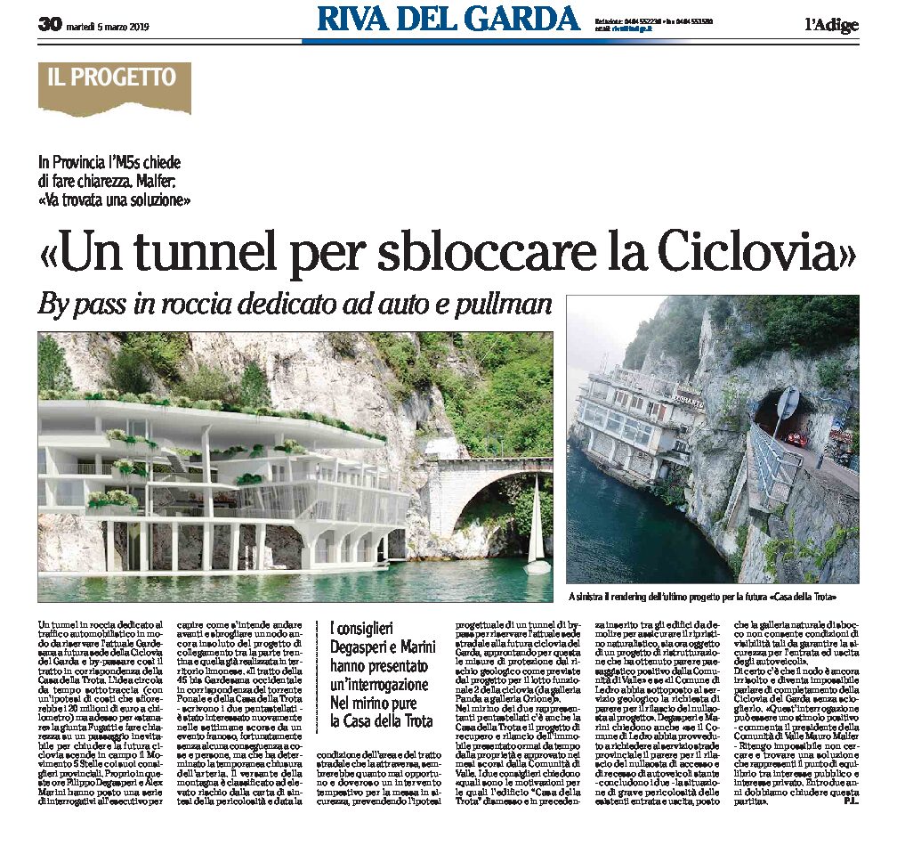 Riva: un tunnel per sbloccare la Ciclovia. By pass in roccia per il traffico automobilistico