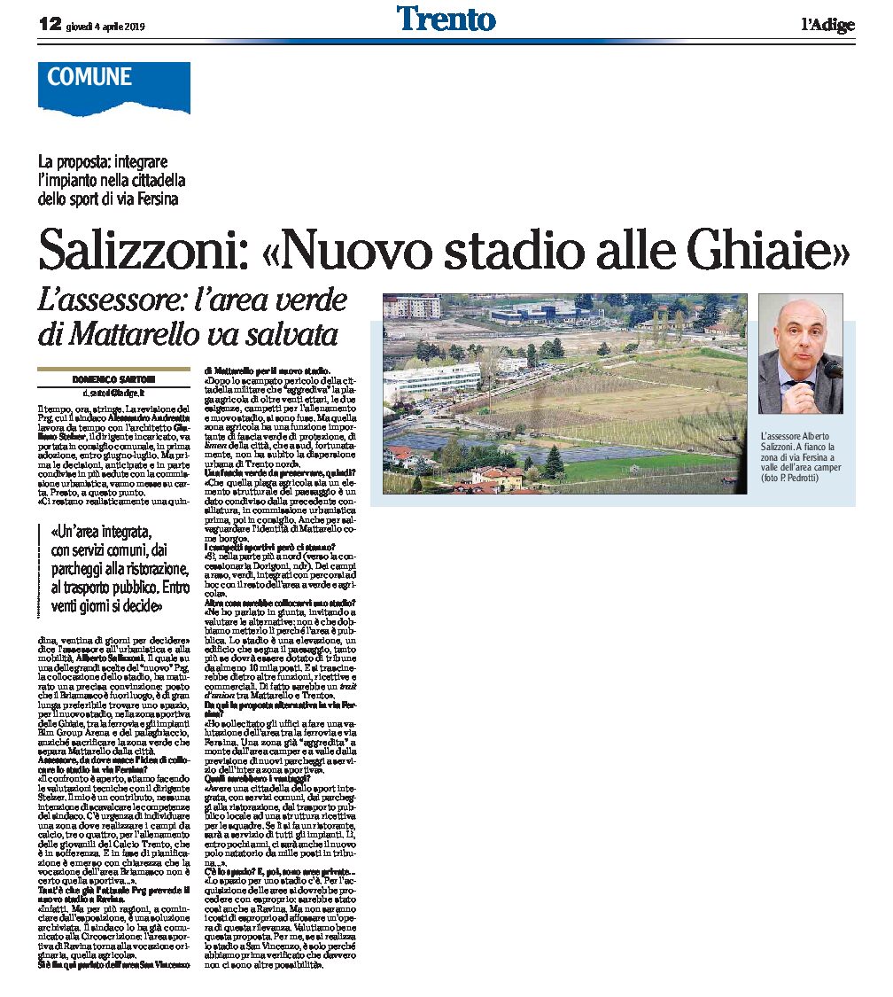 Trento: Salizzoni “nuovo stadio alle Ghiaie”