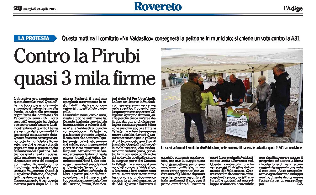 Valdastico: contro la Pirubi raccolte quasi 3000 firme a Rovereto