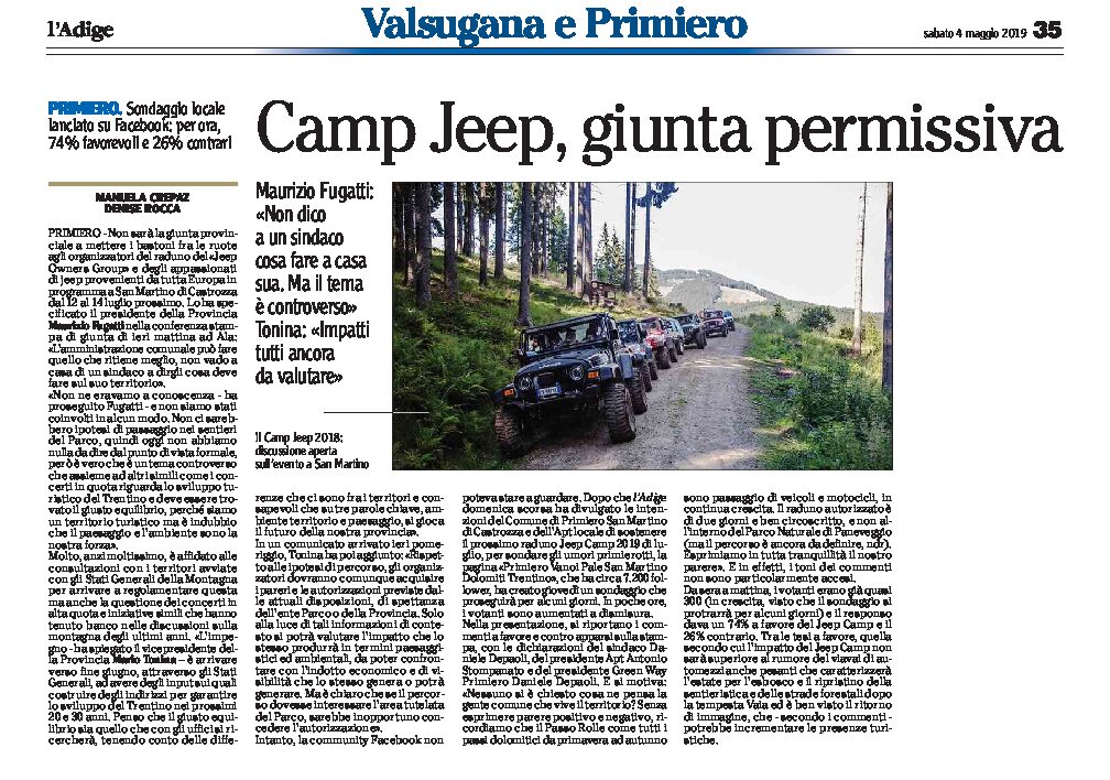 Primiero: Camp Jeep, giunta permissiva