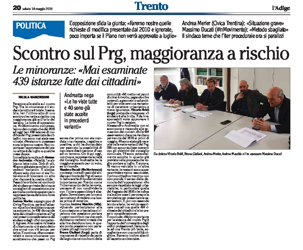 Trento: scontro sul Prg, rottura tra minoranze e sindaco