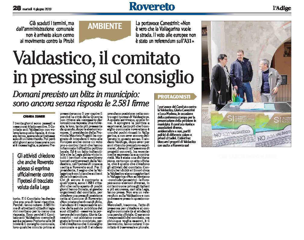 Rovereto, Valdastico: il Comitato in pressing sul consiglio. Ancora senza risposta le 2581 firme