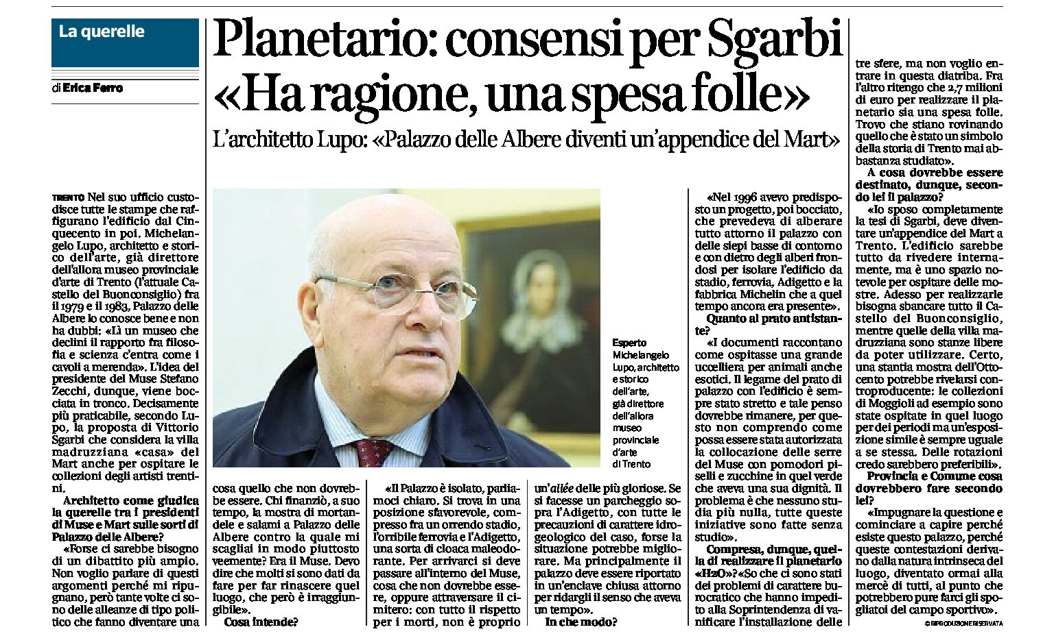 Trento, Planetario: consensi per Sgarbi. L’architetto Lupo “ha ragione, una spesa folle”