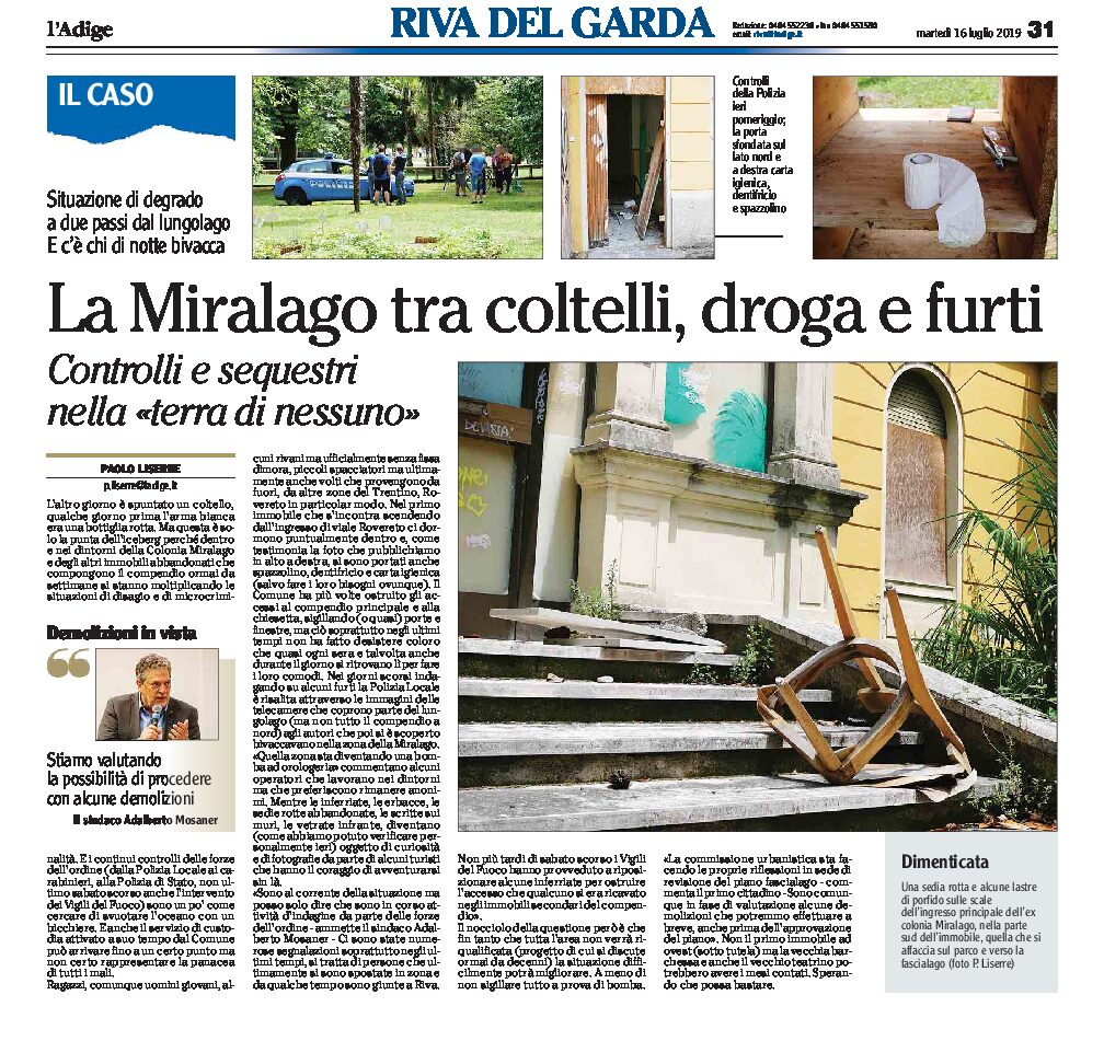 Riva, Colonia Miralago: tra coltelli, droga e furti. Degrado a due passi dal lungolago