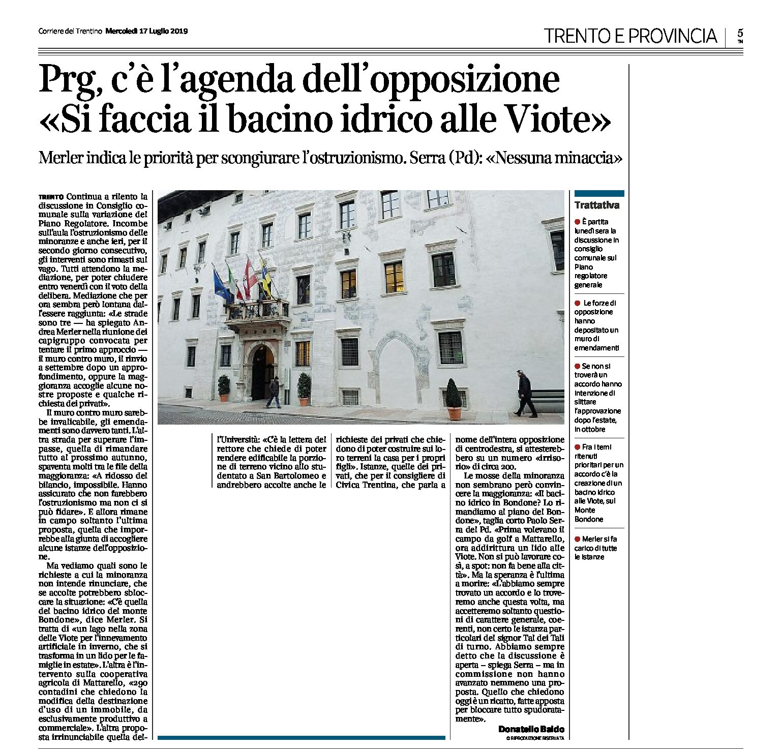 Trento, Prg: c’è l’agenda dell’opposizione “si faccia il bacino idrico alle Viote”