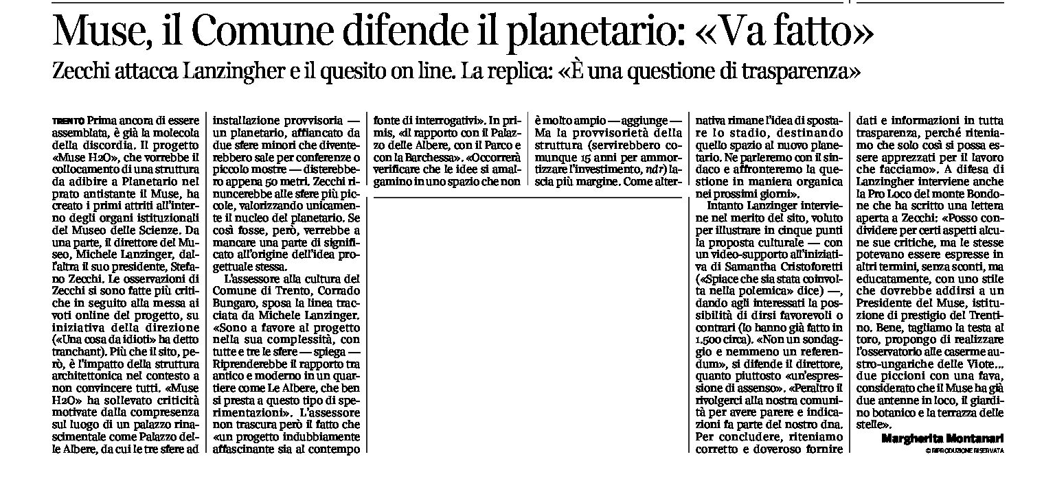 Trento, Muse: il Comune difende il planetario