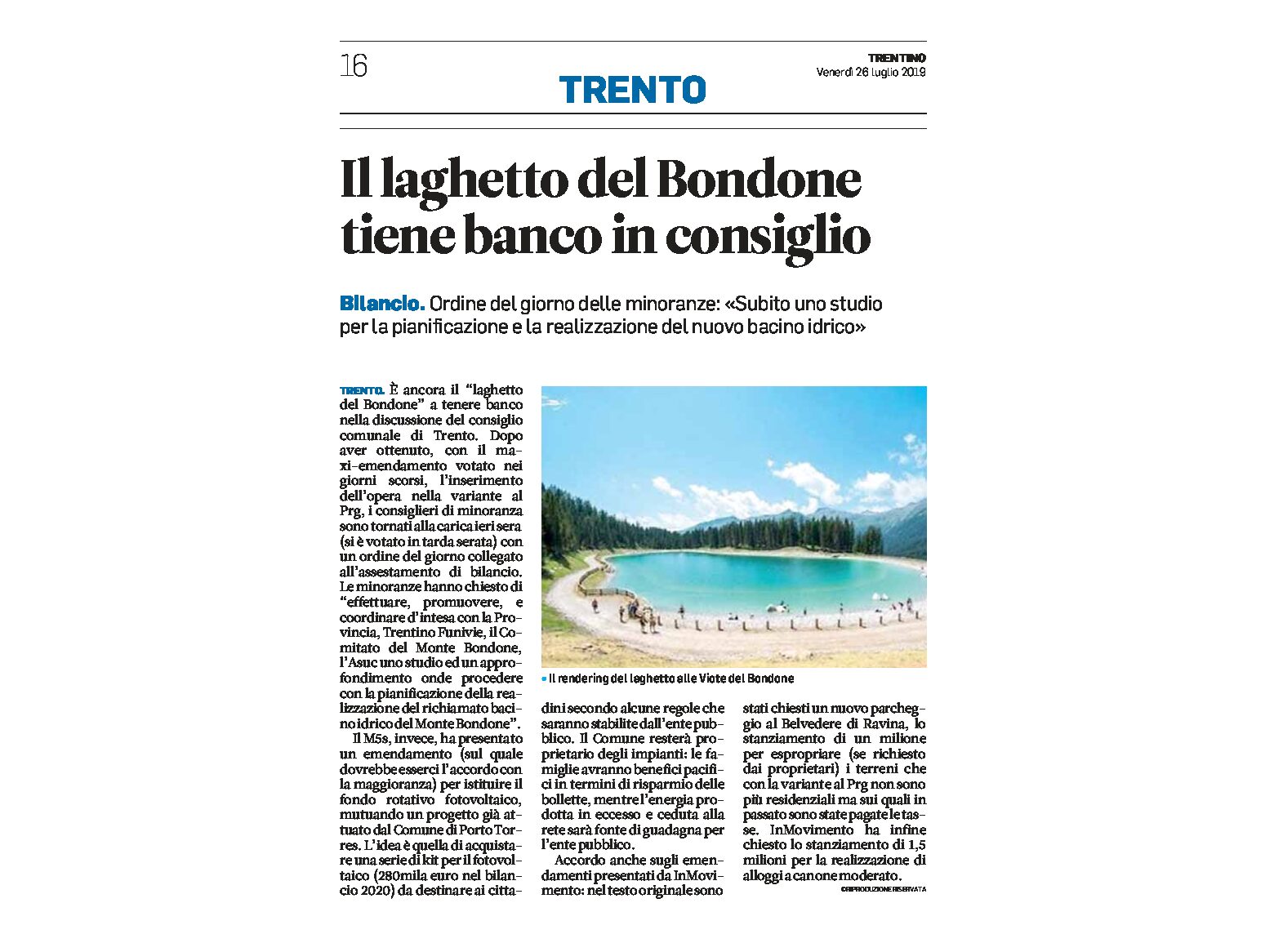 Trento, Prg: il laghetto del Bondone tiene banco in consiglio