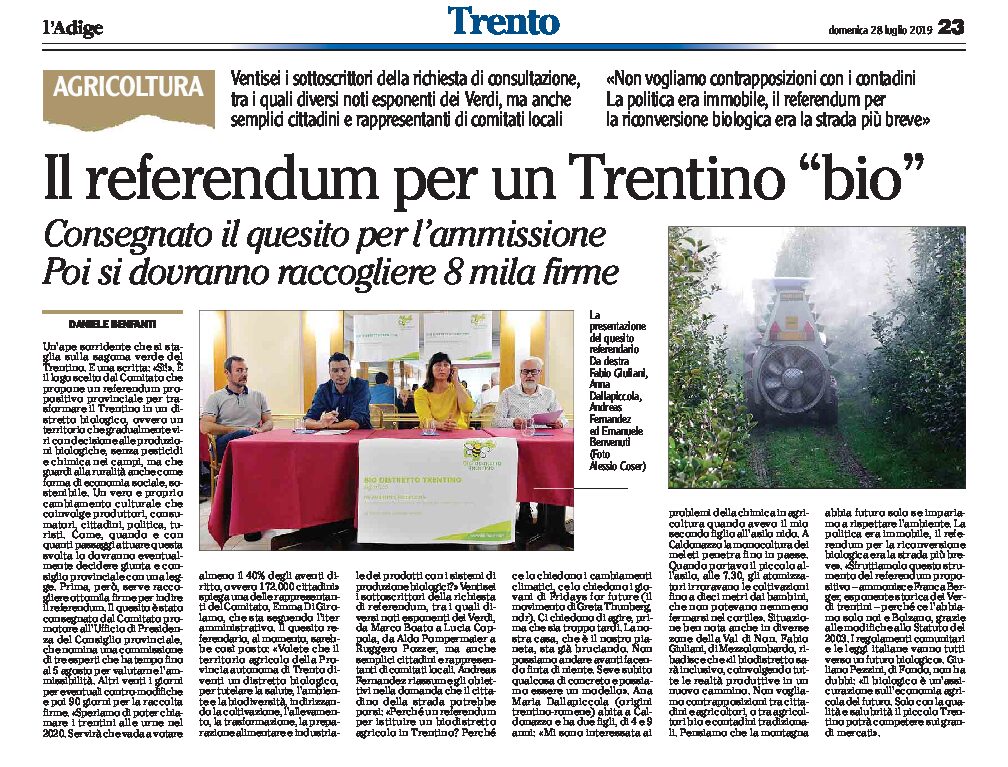 Ambiente, agricoltura: il referendum per un Trentino “bio”. Si dovranno raccogliere 8 mila firme