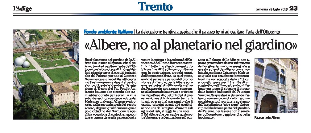 Trento, Albere: il Fai “no al planetario nel giardino”