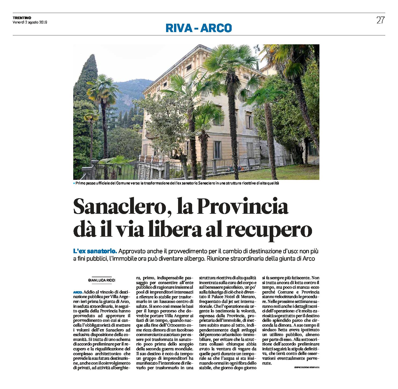 Arco, Villa Angerer-Sanaclero: la Provincia da il via libera al recupero