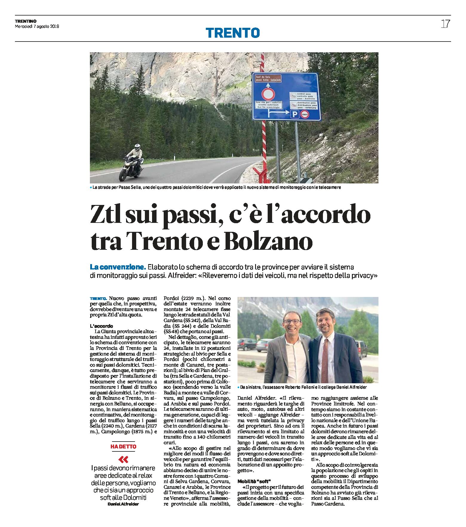Ztl sui passi: c’è l’accordo tra Trento e Bolzano