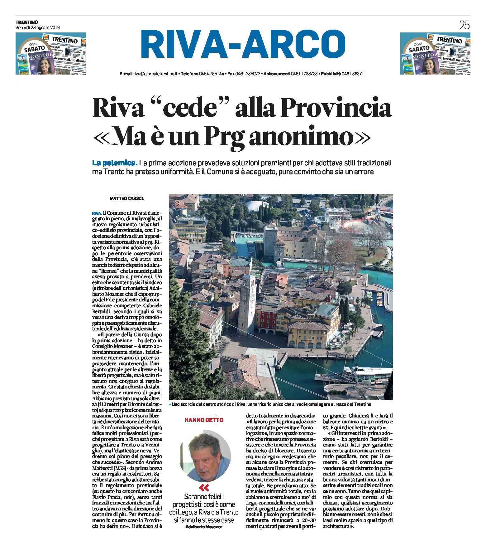Riva: cede alla Provincia “ma è un Prg anonimo”
