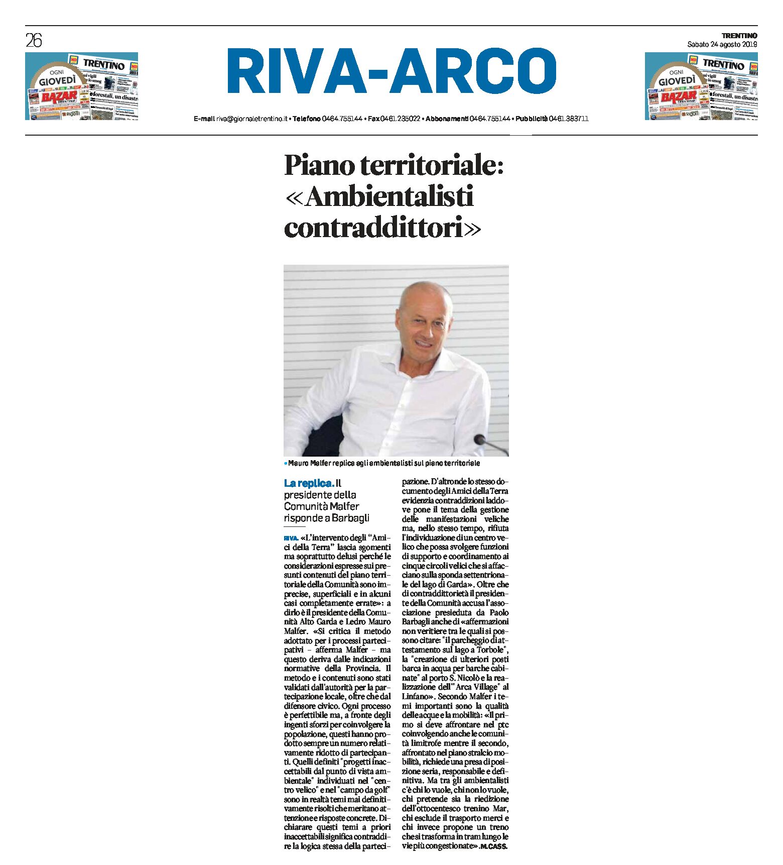 Riva: Piano territoriale, Malfer “ambientalisti contraddittori”