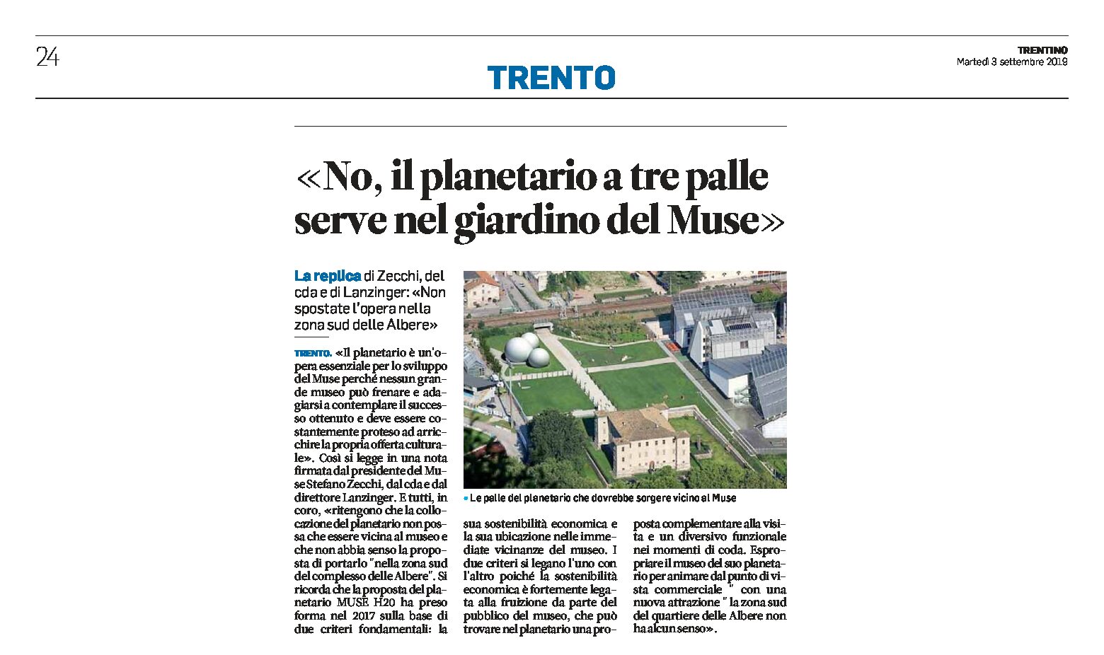 Trento, Planetario: Zecchi, Cda e Lanzinger “serve nel giardino del Muse”
