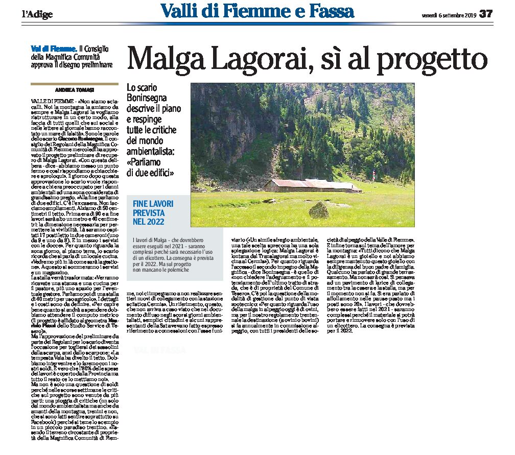 Malga Lagorai: approvato il progetto preliminare