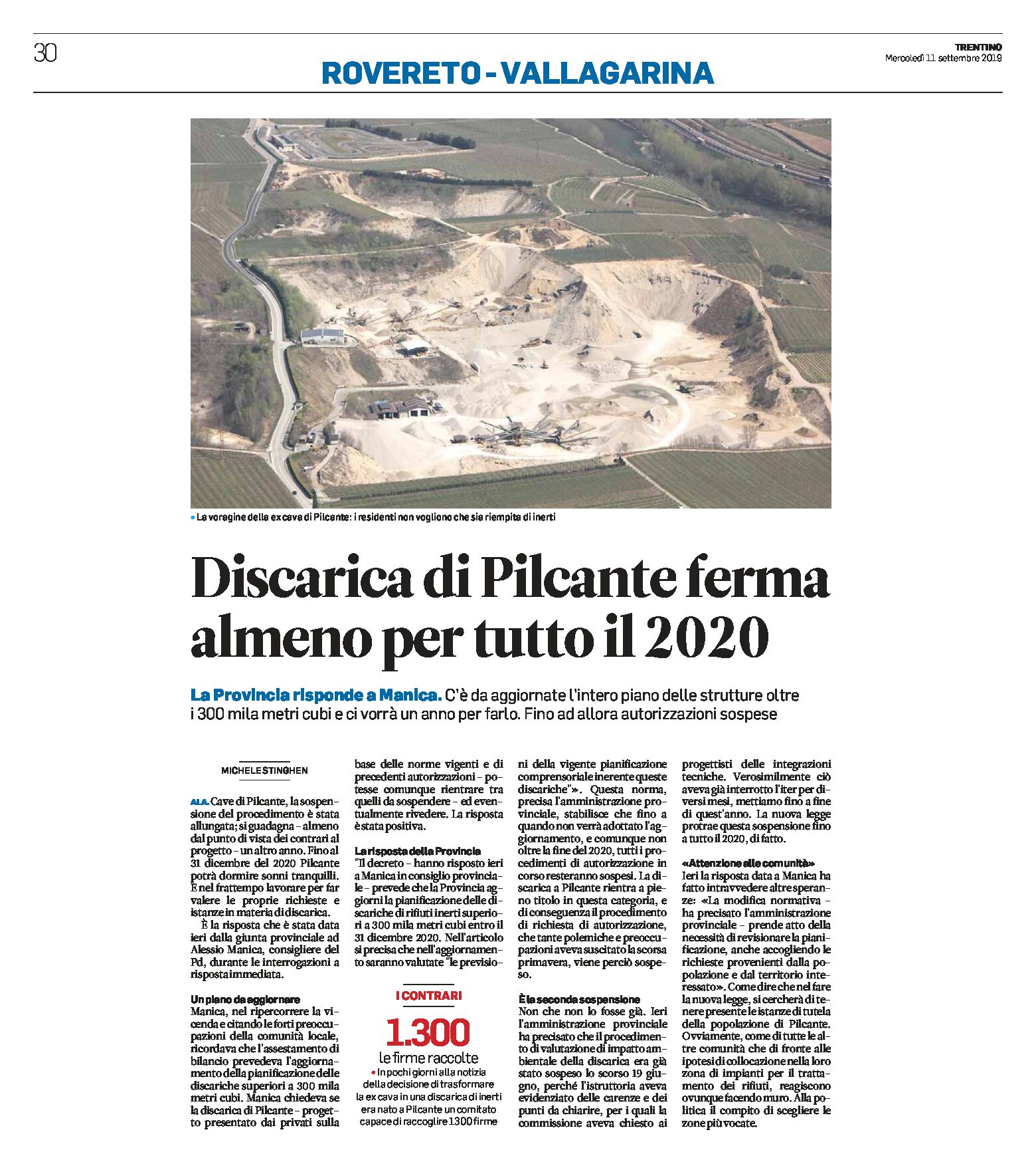 Ala, Pilcante: discarica ferma per tutto il 2020