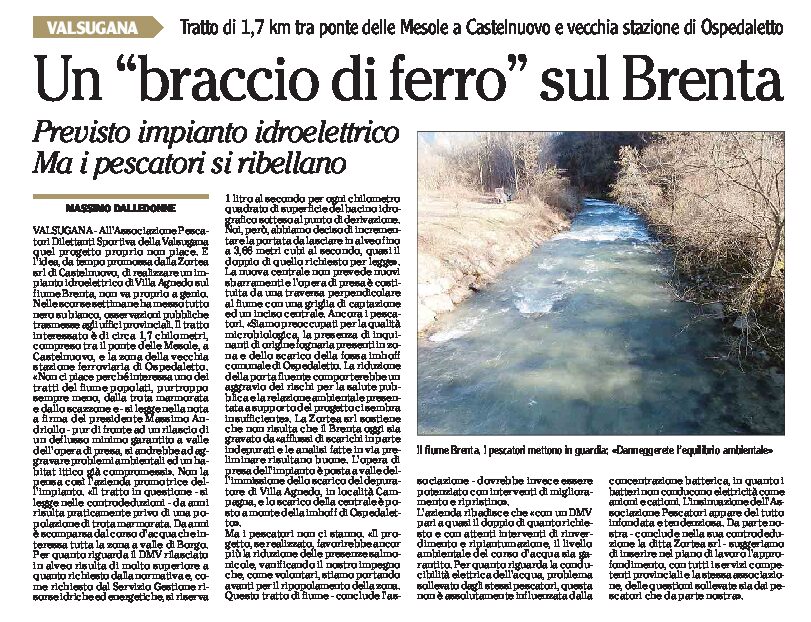 Fiume Brenta: previsto impianto idroelettrico, ma i pescatori si ribellano